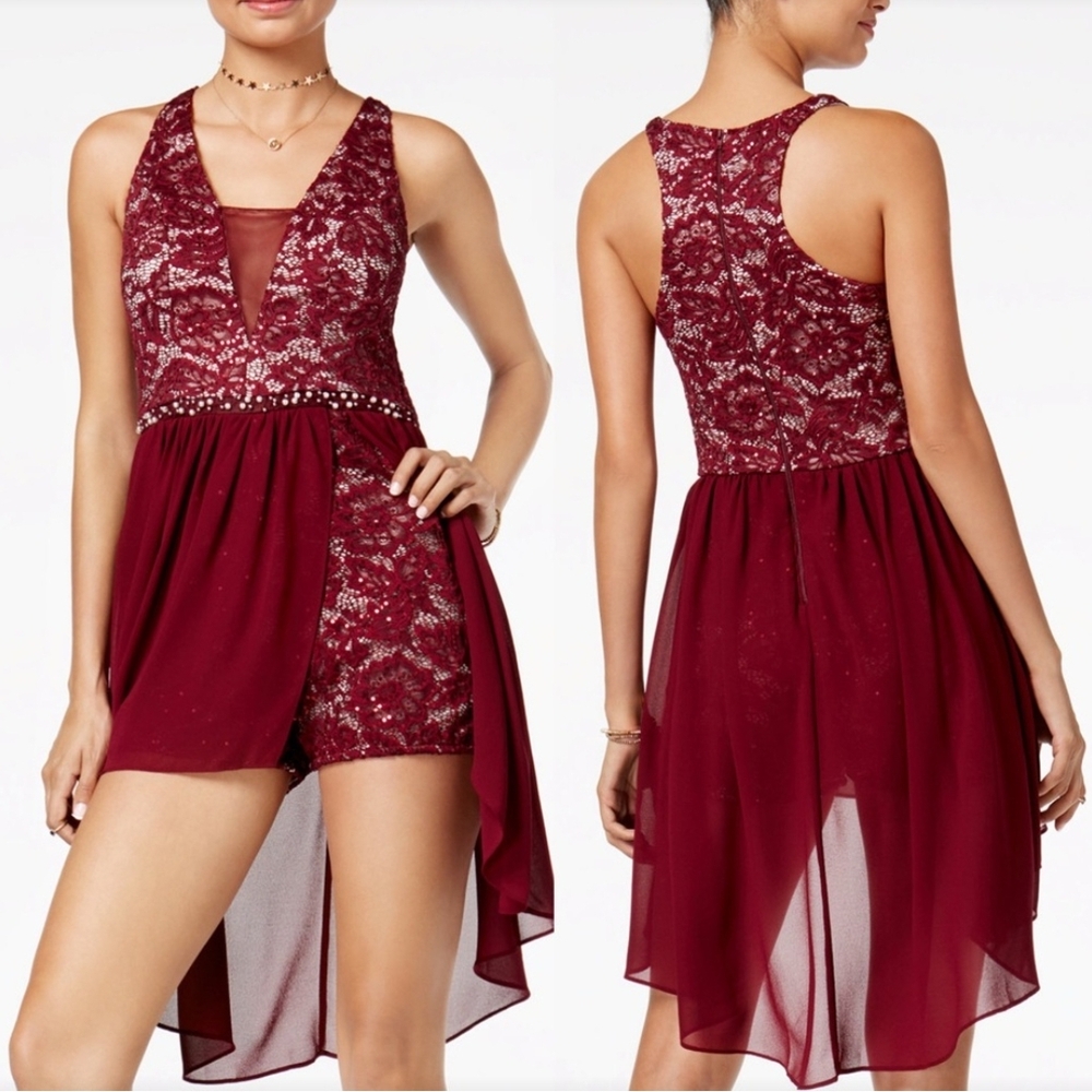 SEQUIN HEARTS Formal Burgundy Dress/Romper with Lace, Sequin, & Pearl Detail